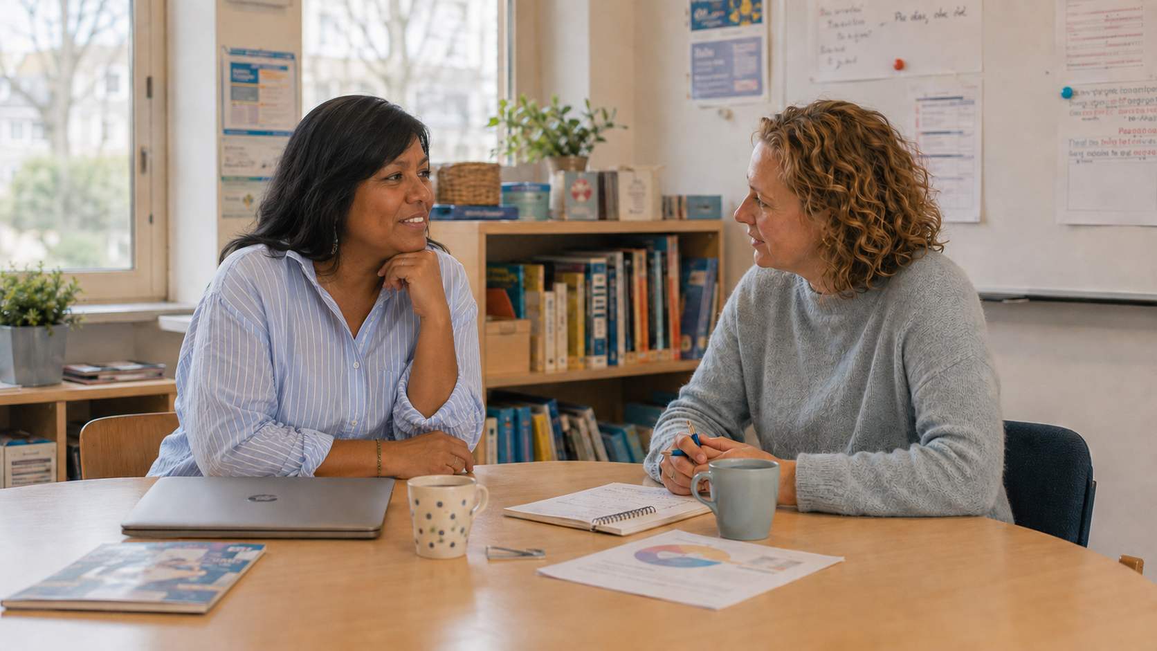 Directie & leerkracht in gesprek met adviseur aan tafel